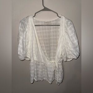 Urban Outfitters White Plaid Puff Sleeve Wrap Blouse Medium